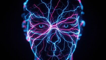 Futuristic human face with glowing neural network patterns of blue and pink light, representing artificial intelligence and the concept of a digital mind on a dark background