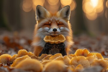 Obraz premium A majestic red fox peacefully rests amidst a vibrant forest floor, encircled by a variety of mushrooms. The scene evokes tranquility and the beauty of nature.