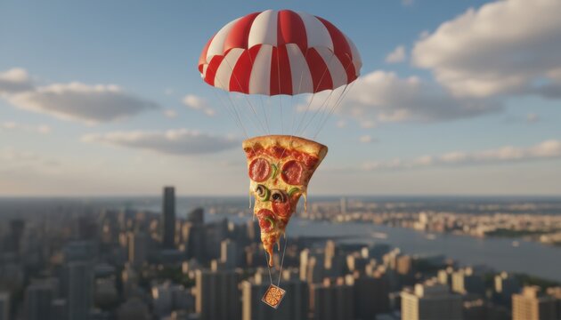 Large slice of pepperoni pizza attached to a red and white parachute flies through the sky, delivering a tiny pizza box over a blurred urban cityscape