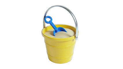Yellow Beach Pail Filled With Sand And Blue Plastic Shovel On A Transparent Background