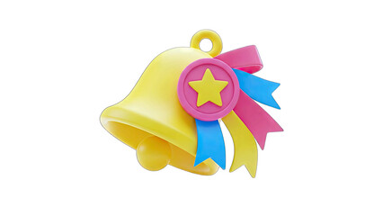 Yellow Bell With Pink Blue Ribbons And A Pink Circle Medal With Yellow Star On Transparent Background