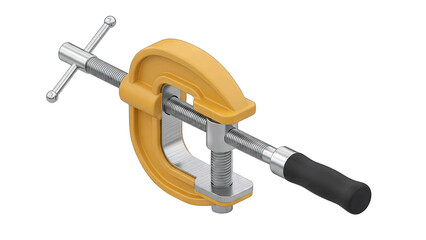 Yellow C Clamp Tool On Black Background Showing Adjustable Screw Mechanism With Black Rubber Grip And Metal Hardware For Industrial Use