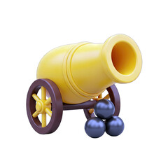 Yellow Cannon with Round Cannonballs on a Transparent Background Ready for Action