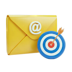 Yellow Email Envelope With At Symbol and Target Bullseye with Arrow Symbolizing Marketing Strategy and Communication Goals