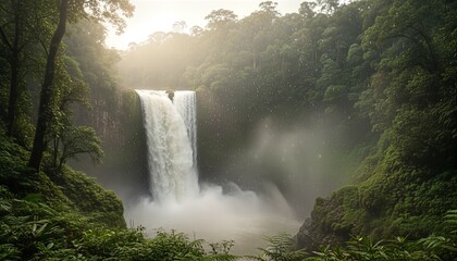 Powerful majestic waterfall cascading down a cliff into a misty pool surrounded by a lush green tropical rainforest with warm sunlight breaking through the humid air