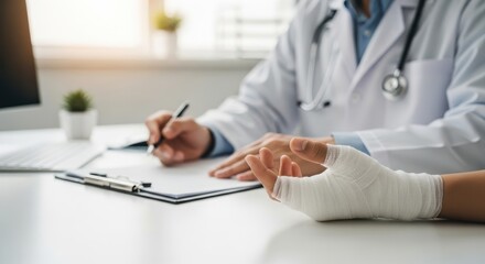 Fototapeta premium Doctor Consults Patient with Bandaged Hand Injury