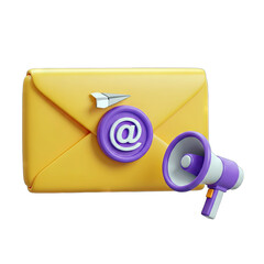 Yellow Envelope Icon with Purple '@' Symbol and Megaphone Illustration on Transparent Background