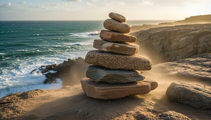 Balanced stack of natural textured stones sits on a sandy cliff with wind blowing sand around its base during a beautiful golden hour sunset over the ocean