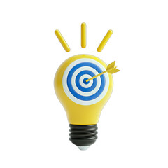 Yellow lightbulb conceptual illustration with target and arrow symbolizing idea generation and goal achievement on transparent background