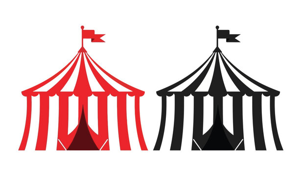 a minimalist illustration depicts two circus tents one vividly red and white striped the other black and white both topped with flags evoking a festive