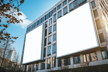 Two blank billboards on a modern building's facade, symbolizing street advertising in a daylight urban setting, perfect for marketing campaigns, Generative AI
