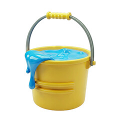 Yellow plastic bucket filled with vibrant blue liquid spilling over the sides with a metallic handle and a plain transparent background a whimsical and fun visual metaphor