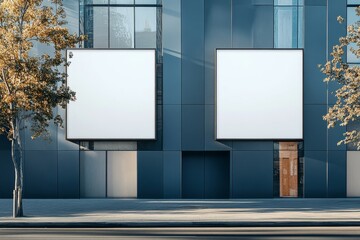 Two blank billboards on a modern building's facade, symbolizing street advertising in a daylight urban setting, perfect for marketing campaigns, Generative AI