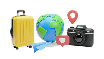 Yellow Rolling Suitcase Globe Camera Location Pin Paper Airplane and Heart Like Icon on Transparent Background for Travel and Social Media