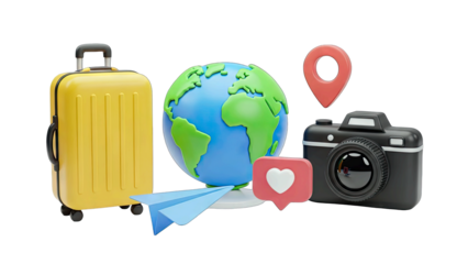 Yellow Rolling Suitcase Globe Camera Location Pin Paper Airplane and Heart Like Icon on Transparent Background for Travel and Social Media