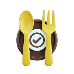 Yellow Spoon and Fork on Brown Plate with White Center and Checkmark Symbol Isolated on White Background