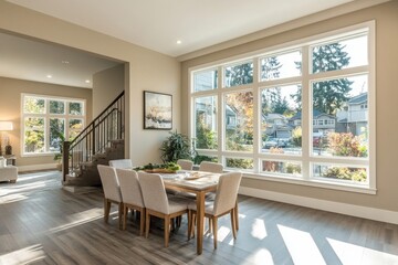 Home living room interior with a dining table and chairs, complemented by a large window and an empty wall for easy customization, Generative AI