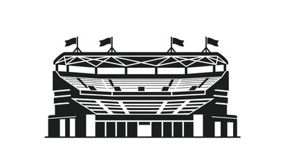 A strikingly detailed monochrome illustration showcases a large stadium structure with multiple tiers flags and architectural details evoking a sense of grandeur and sporting events