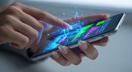 Woman touching futuristic data interface on smartphone