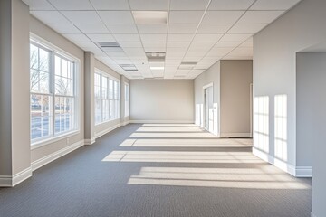 White open space office interior with a mockup wall, offering flexibility for design presentations and creative workspaces, Generative AI