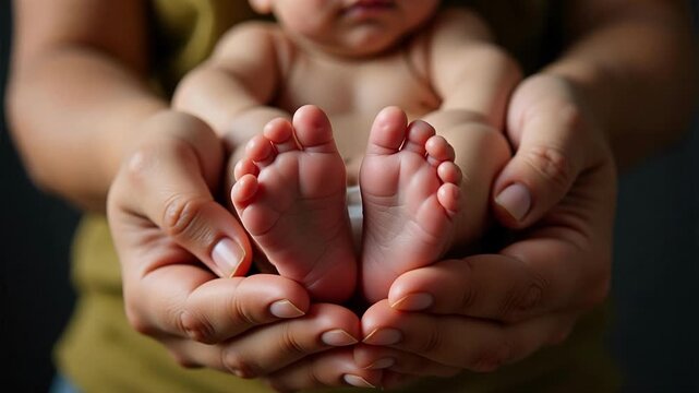 Close up of newborn Indian baby tiny feet held in parents hands, tender family love and innocent childhood protection concept with soft lighting.