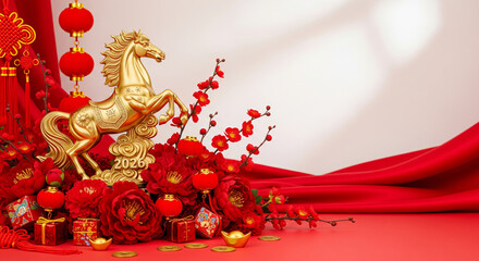 Fototapeta premium Chinese New Year 2026 illustration with golden horse statue and red festive decorations