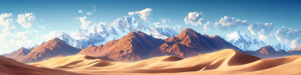 Digital illustration of a vast desert with sand dunes in the foreground and snowy mountains in the background, creating a stark contrast in a serene, isolated environment, Generative AI