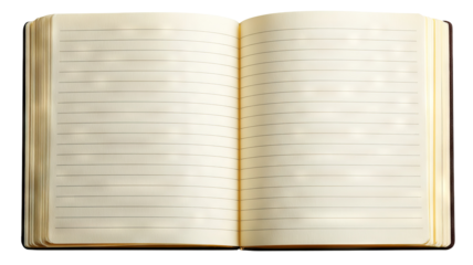 Blank open notebook isolated on transparent background high resolution PNG style clean white pages perfect for digital cutout mockups stationery design layouts and creative planning concepts