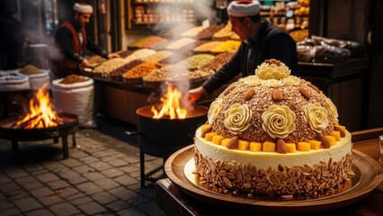 Elaborate domeshaped dessert cake decorated with nuts and cream roses displayed outdoors near open flames at a bustling market stall