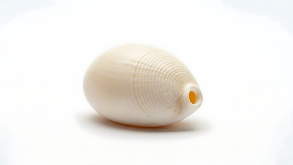 Single white egg-shaped seashell with a hole on a white background