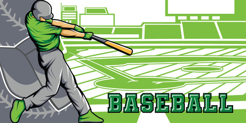 Baseball Template With Athlete Player and Playing Field Court Background Vector  Poster and Banner