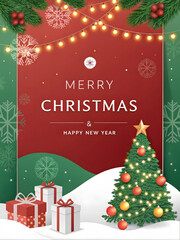 Christmas Greeting Card, Decorated Tree with Gifts, Snowflakes & Holiday Message. Merry Christmas & Happy New Year Card. Red & Green Panels with Tree, Gifts & Snowflake Decorations. 