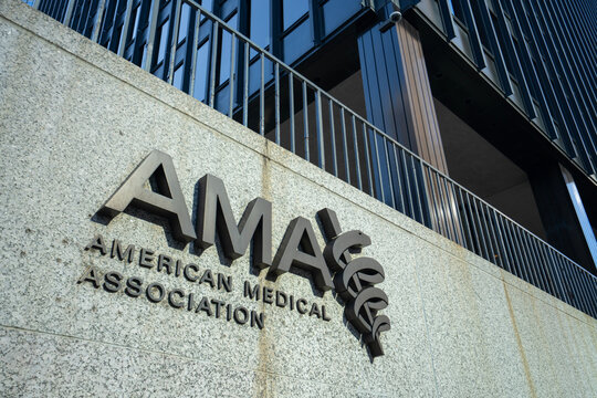 Chicago, IL, USA - Aug 31, 2025: The sign of American Medical Association (AMA), the largest professional association for physicians in the U.S., is seen at its headquarters in Chicago, Illinois.
