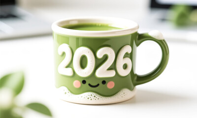Cute ceramic matcha mug with foam art forming &lsquo;2026&rsquo; adorable face  Generative AI