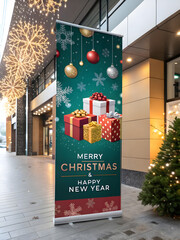 Christmas and New Year Banner. Holiday Greeting Banner, Merry Christmas & Happy New Year Text with Gift Boxes and Hanging Ornaments. Festive Outdoor Christmas Banner, Christmas Shopping Center Banner.
