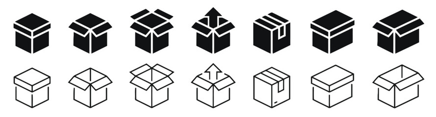 box, package, shipping, delivery, open, closed, unboxing, cardboard, container, storage, logistics, icon, set, collection, outline, black, graphic, design, symbol, vector, isometric, illustration, (17