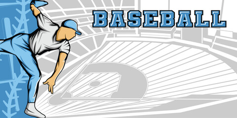 Baseball Template With Athlete Player and Playing Field Court Background Vector  Poster and Banner