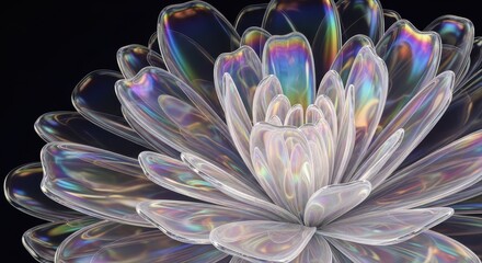 Fototapeta premium Abstract iridescent crystal flower on black background