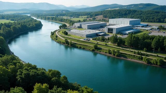 Wide aerial drone view of data center facility situated near large river for hydro cooling power source, sustainable technology infrastructure and industrial architecture.