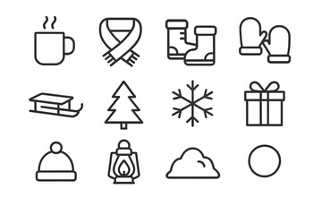 Winter Fun Icons. Winter family fun. Line outline icon set of Winter family fun: hot drink mug, scarf, boots,