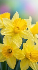 Obraz premium Close-up yellow daffodils with water droplets after rain
