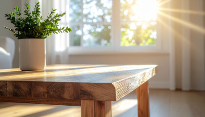 minimal wooden coffee table hit by warm sunlight coming diagonally through window