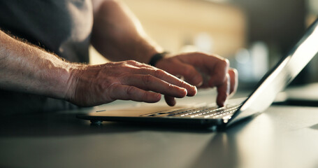 Hands, man and typing on tablet at house for research, proofreading and article submission. Male...