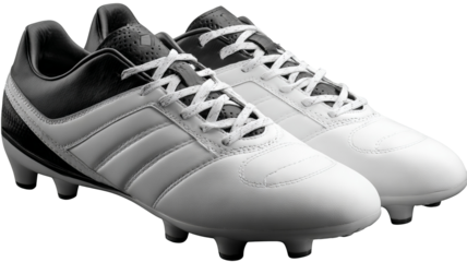 Classic white soccer cleats with black accents high resolution PNG style transparent background isolated sports footwear for ecommerce product mockups athletic fashion and branding