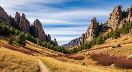 Dramatic mountain valley with rocky spires and golden grass