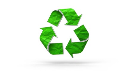 Green crumpled paper recycling symbol isolated