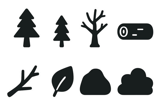 Forest Elements Icon Set. Forest Elements. Filled icon set of Forest Elements: tall pine tree, small pine tree