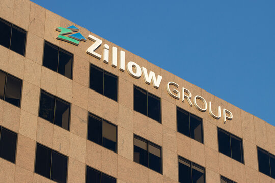 Irvine, CA, USA - May 6, 2022: Exterior view of Zillow Group's office in Irvine, California. Zillow Group, Inc., or simply Zillow, is an American tech real-estate marketplace company.