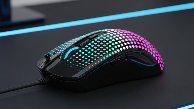 A black gaming mouse with colorful rgb lighting on a desk with blue lines