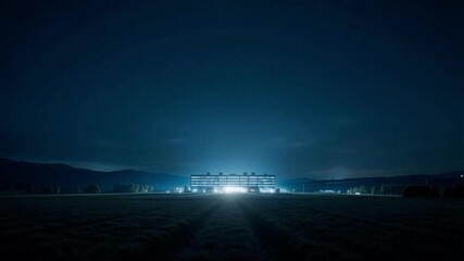 Wide aerial view of illuminated data center glowing in dark rural landscape at night, isolated technology infrastructure and cloud computing facility power concept.